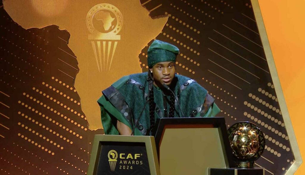 Ademola Lookman giving a speech after being selected as Africa's player of the Year for 2024