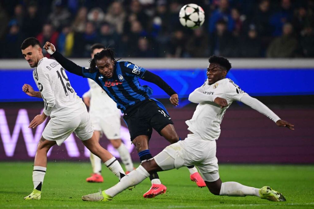 Ademola Lookman shoots in the Champions League game against Real Madrid