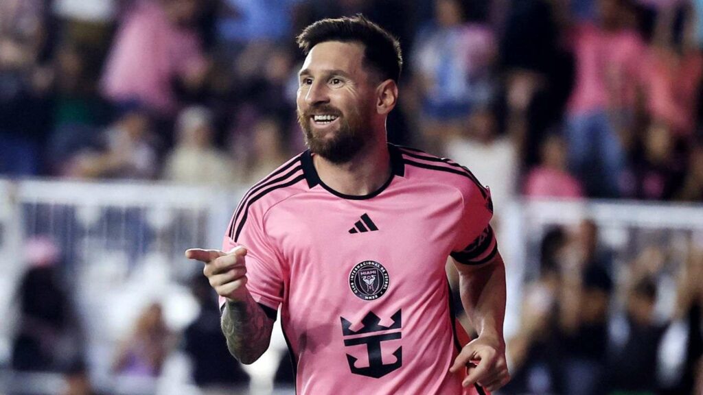 Lionel Messi celebrates scoring for Inter Miami