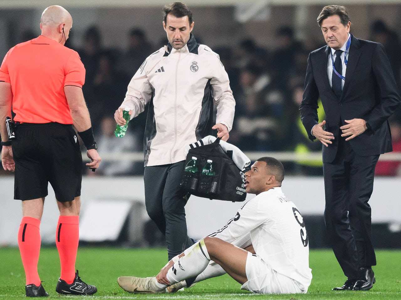 Kylian Mbappe after receiving an injury during Atalanta-Real Madrid Champions League game