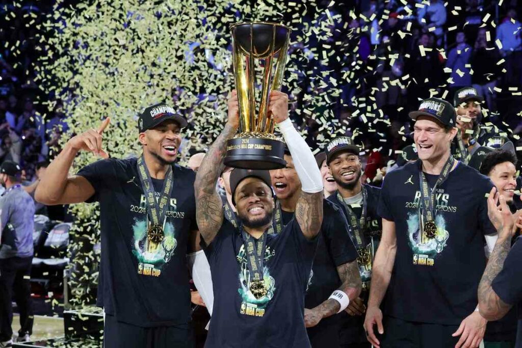 Milwaukee Bucks with the NBA Cup trophy