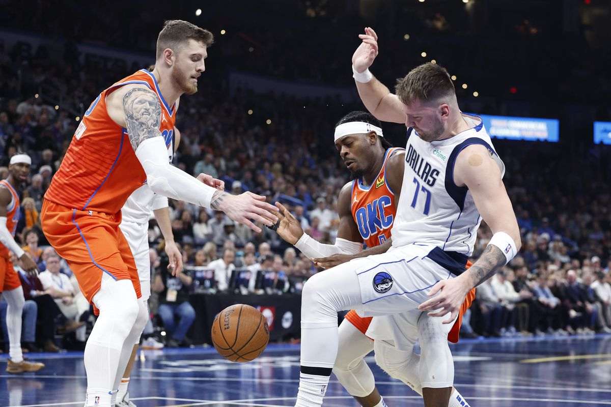 Isiah Hartenstein and Luka Doncic in a moment during Thunder-Mavericks NBA Cup game