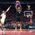 Houston's Jabari Smith Jr. shoots in the NBA Cup game against the Warriors