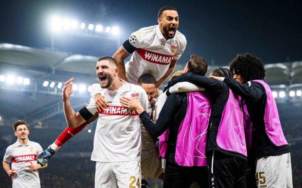 Stuttgart players celebrate yet another goal against Young Boys