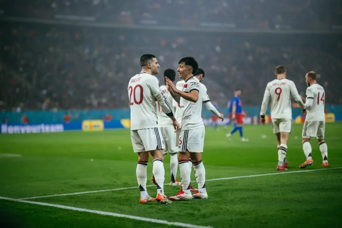 Lisandro Martinez and Diogo Dalot celebrate Manchester United goal against FCSB