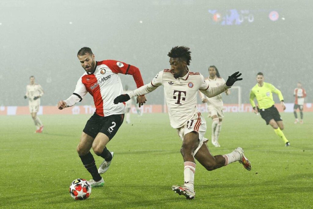 Bart Nieuwkoop and Kingsley Coman during Feyenoord's 3-0 win over Bayern Munich