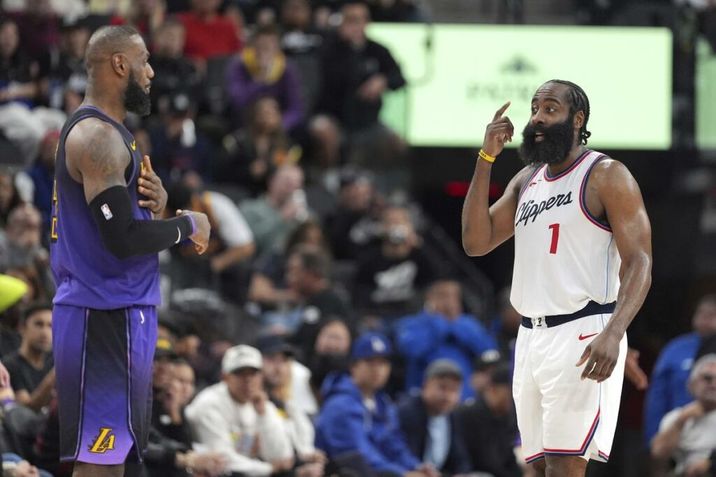 LeBron James and James Harden during the Lakers-Clippers NBA game