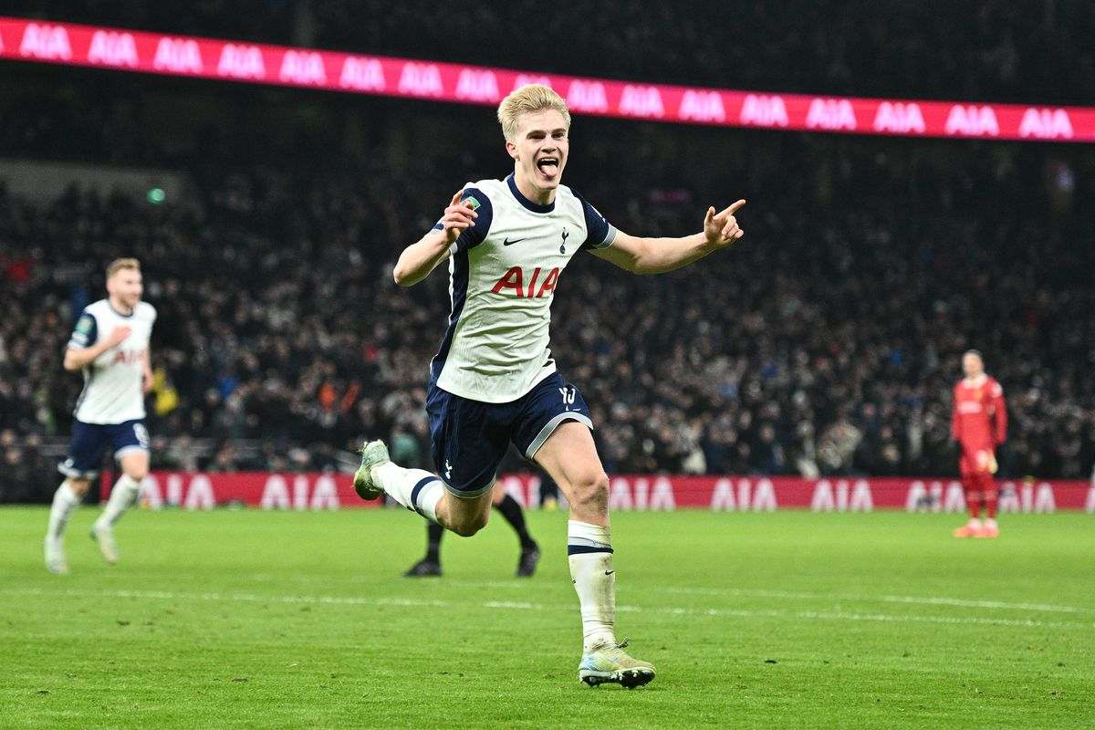 Tottenham's Lucas Bergvall moments after scoring against Liverpool