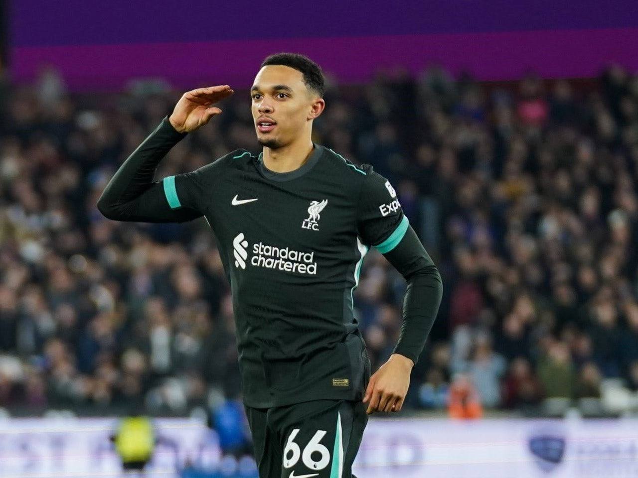 Trent Alexander-Arnold celebrates after scoring against West Ham