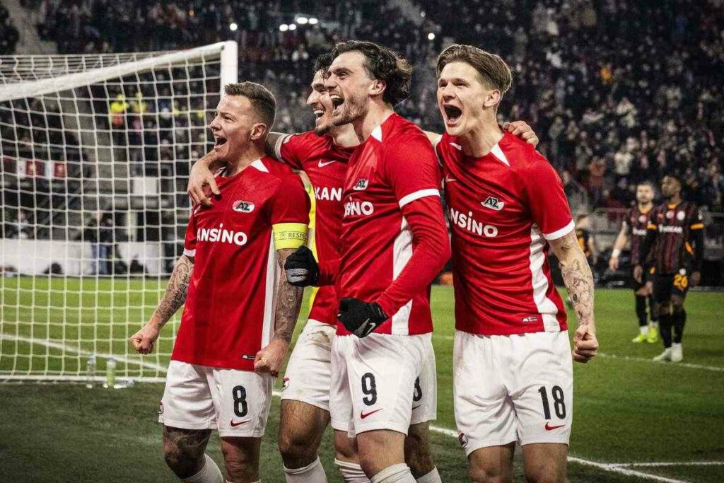 AZ Alkmaar players celebrate after scoring against Galatasaray