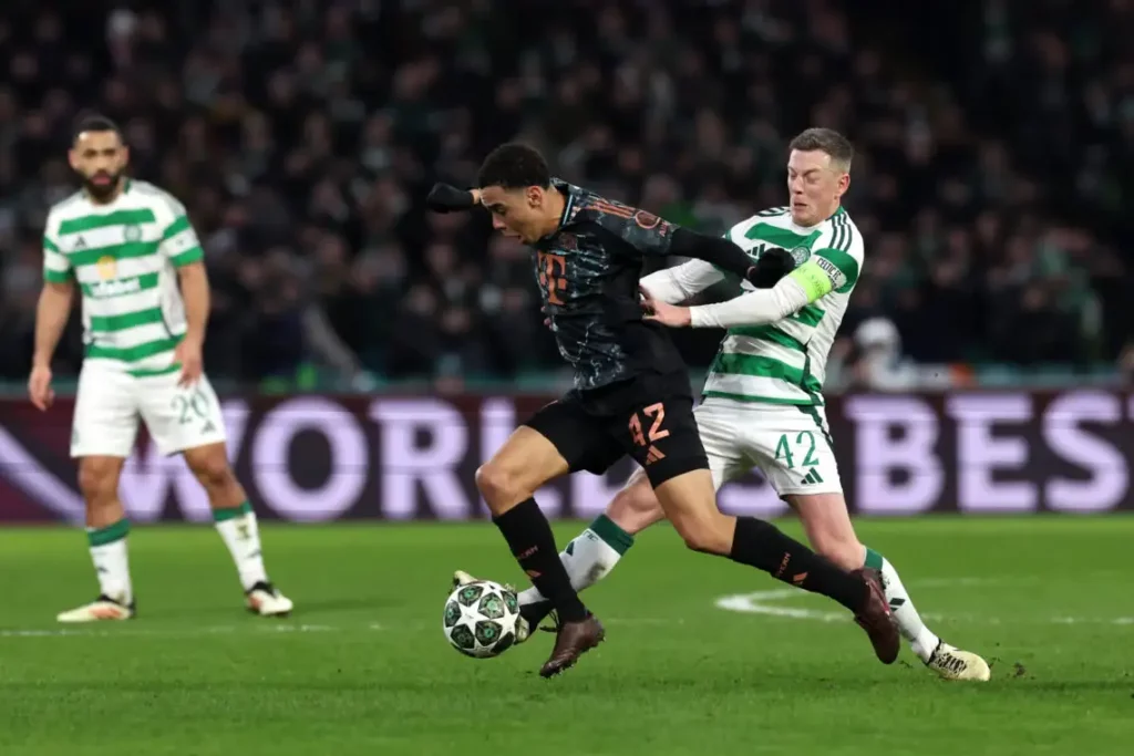 Jamal Musiala with the ball in the Champions League match against Celtic