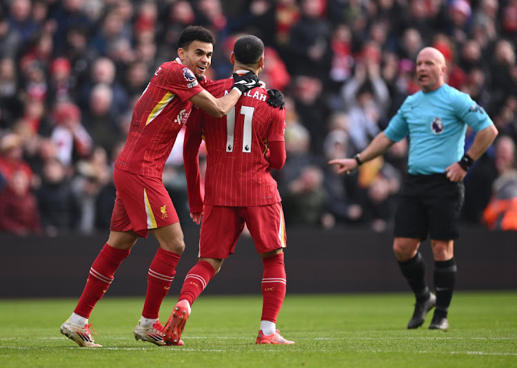 Luis Diaz and Mohamed Salah celebrate Liverpool goal against Wolverhampton