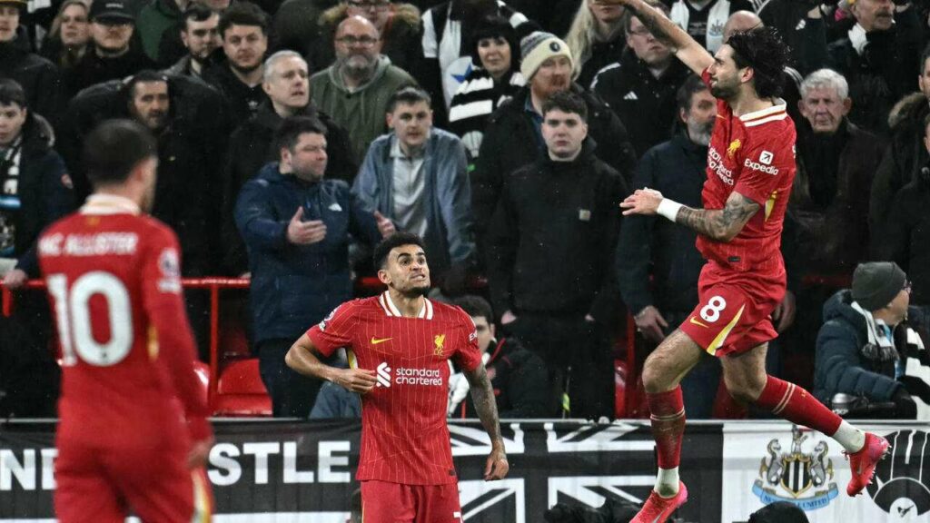 Dominic Szoboszlai punches the air after scoring against Newcastle