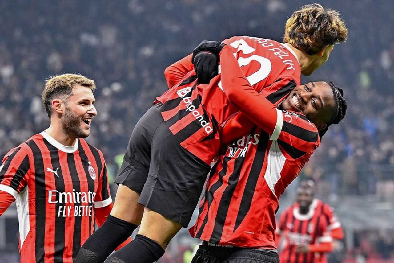 Rafael Leao hugging Milan's new signing Joao Felix after debut goal