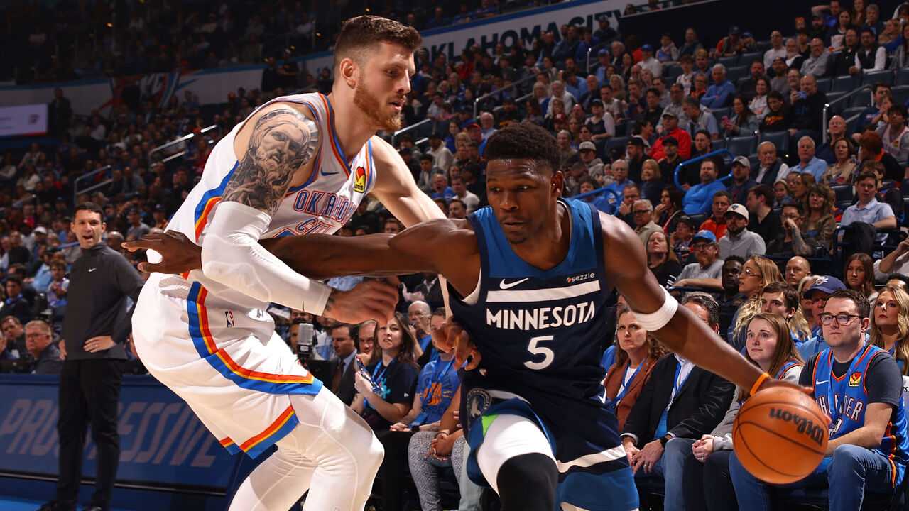 Minnesota's Anthony Edwards guarded by Oklahoma's Isaiah Hartenstein