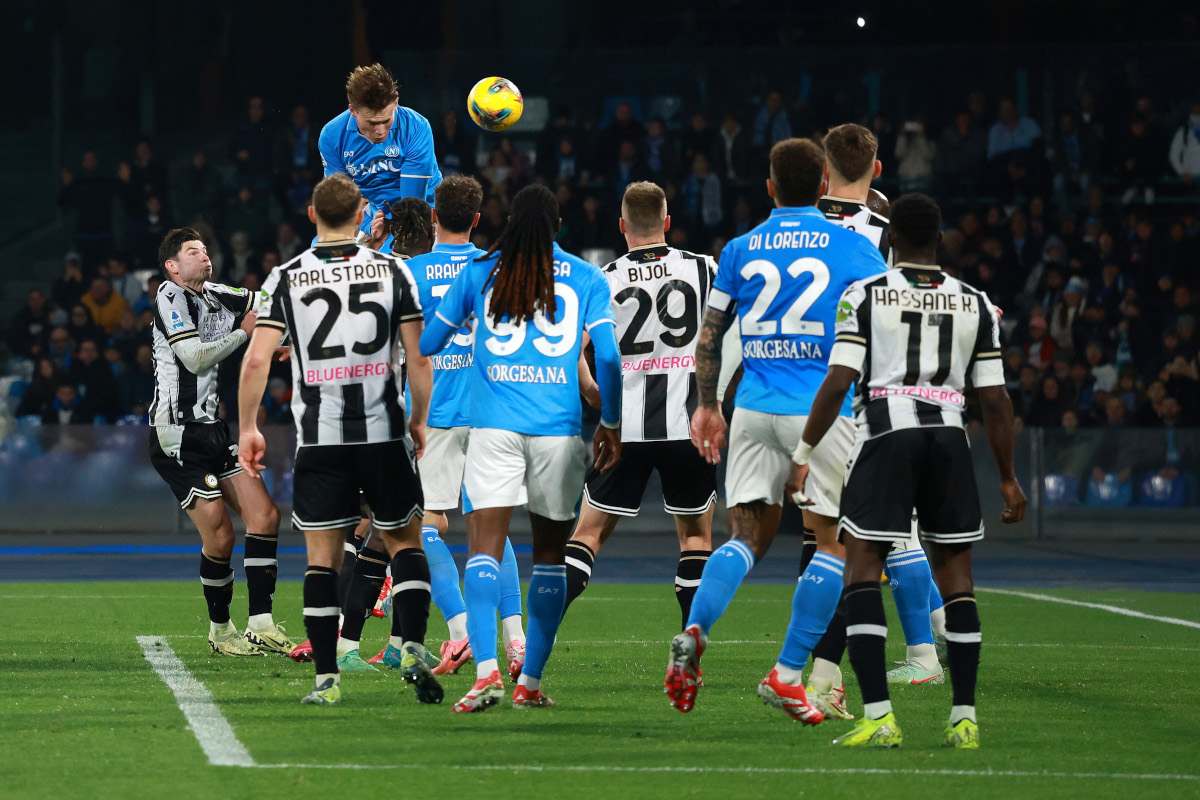 Napoli's Scott McTominay heads the ball after a corner kick