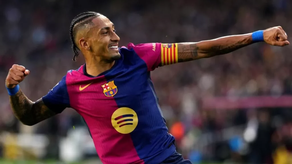 Barcelona's Raphinha celebrates after scoring a goal