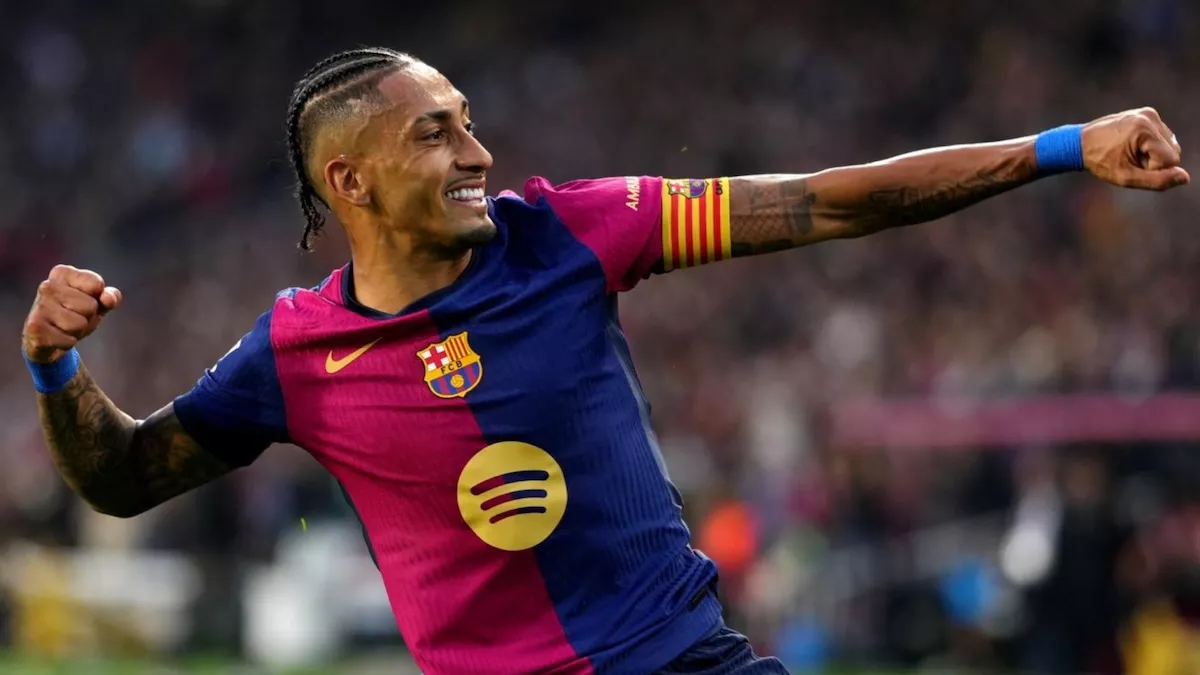 Barcelona's Raphinha celebrates after scoring a goal