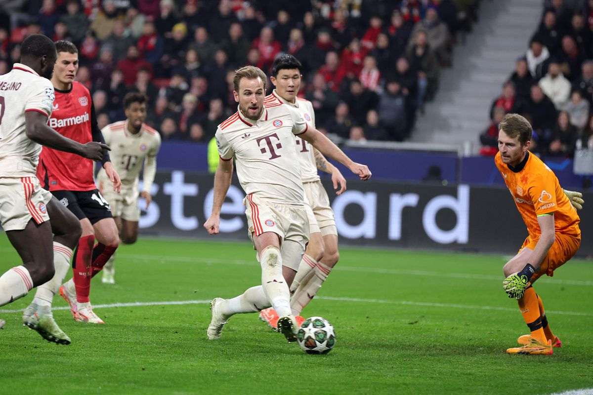 Harry Kane scores for Bayern against Bayer in the Champions League