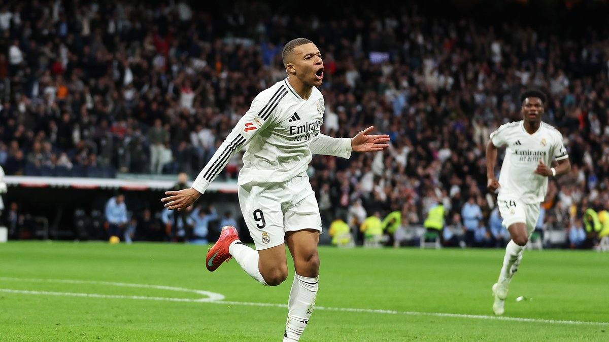 Kylian Mbappe celebrates after scoring against Villarreal in La Liga