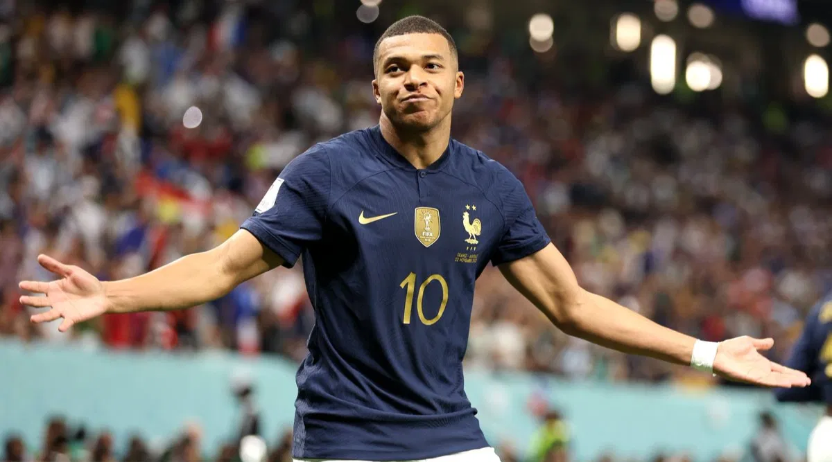 Kylian Mbappe celebrates after scoring for France