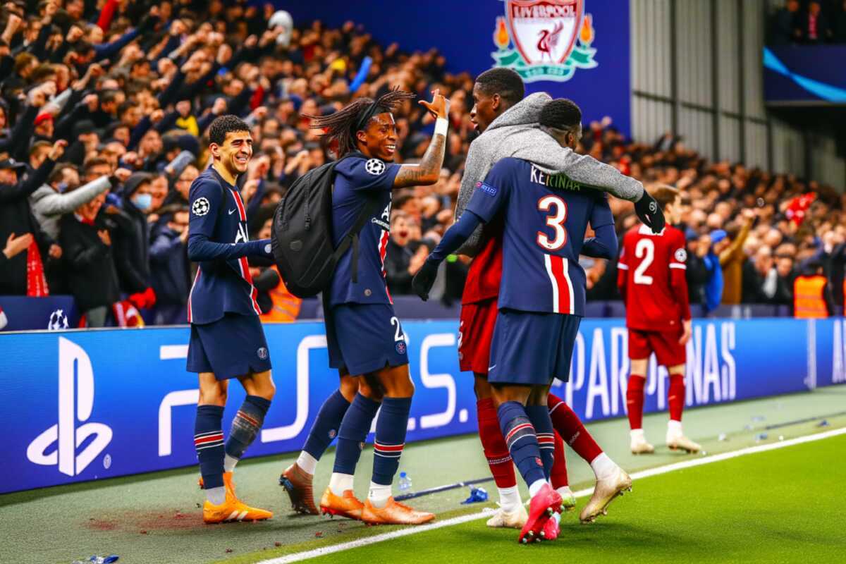 PSG players celebrate after eliminating Liverpool